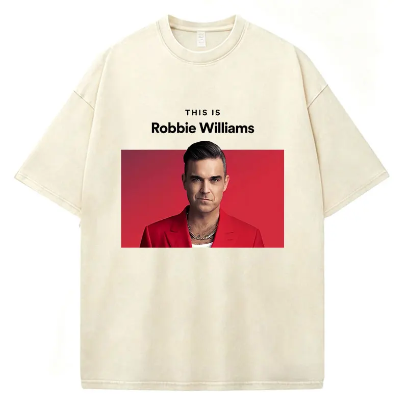Robbie Williams Album Cover Tour Merch Vintage Washed T-Shirts Herren Damen Kleidung Mode Kurzarm Baumwolle Casual T-Shirts – Detail 6