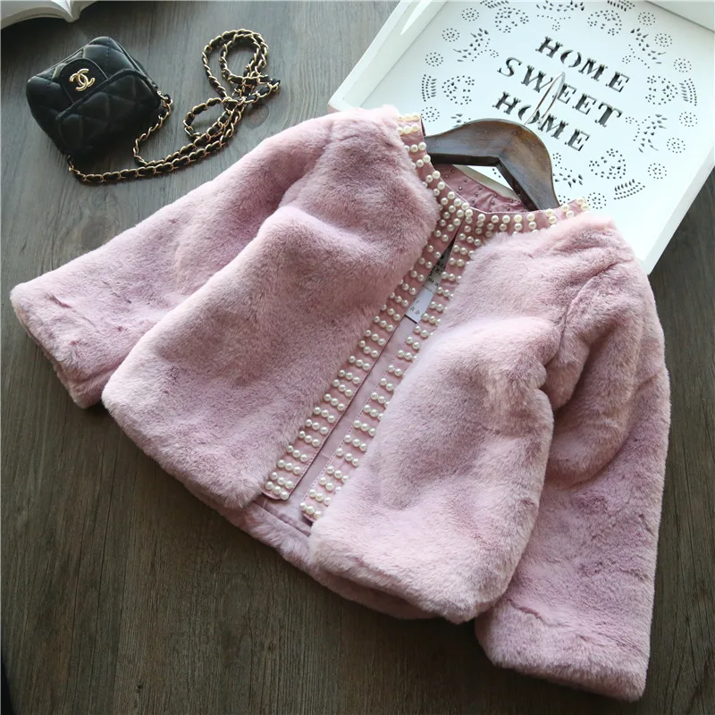 

Girls Fur Coat Jacket Cotton Outwear Overcoat 2022 Beading Warm Thicken Plus Velvet Winter Autumn Christmas Children's Clothing