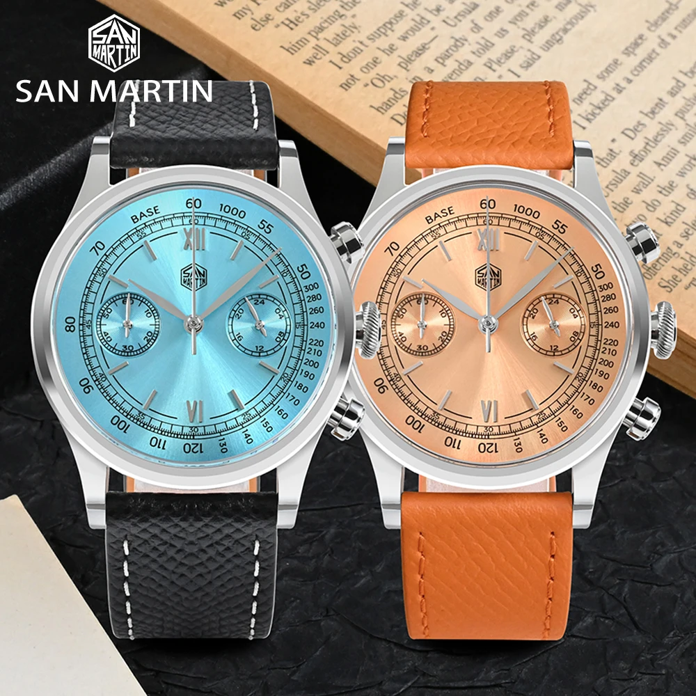 San Martin Men Quartz Watch VK64 Chronograph 38mm Fashion Casual Wristwatch Sapphire Glass Quick Release Leather Strap SN0101