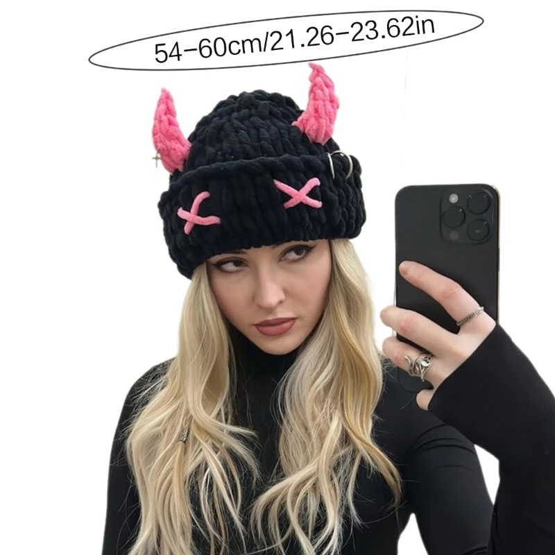 Bear Hat Devil Horn Photo Props New Year Thick Halloween Hat Adults Kids Knitted Chenille Yarn Y2K Handmade