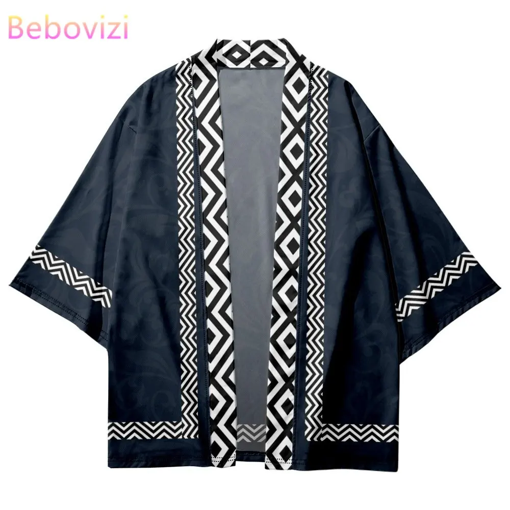 2023 Summer Beach Geometric Print Japanese Samurai Kimono Fashion Men Women Cardigan Haori Obi Asian Clothes Oversized Tops