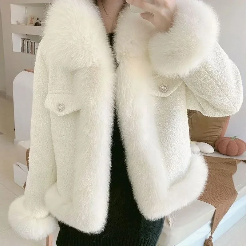 Winter Neue Frauen Nachahmung Fuchs Pelz Mantel Weibliche Casual Warme Woolen Outwear Mode Patchwork Wolle Slim Fit Kurze Jacke