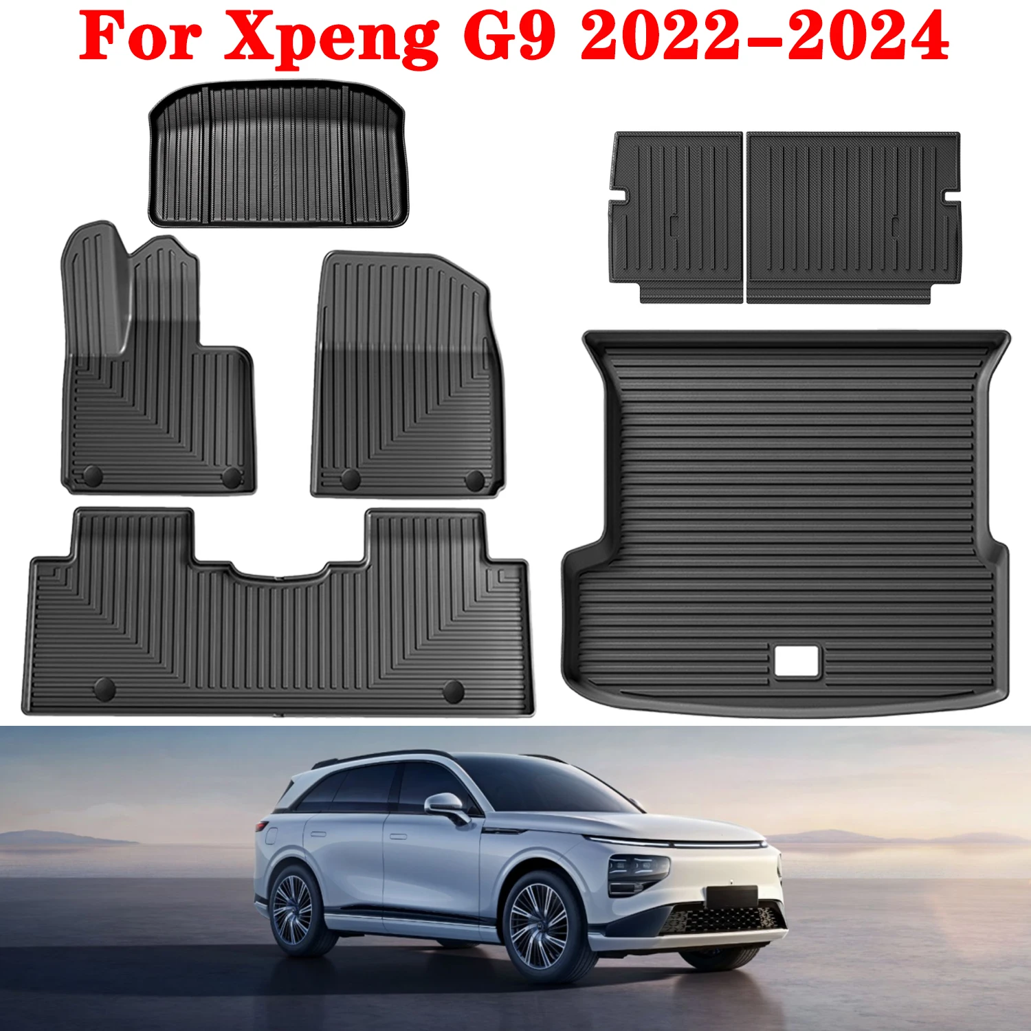 

For Xpeng G9 2022-2024 TPE Floor Mats and Cargo Liner, All Weather Floor Liners Trunk Mat TPE Heavy Duty Waterproof Pad