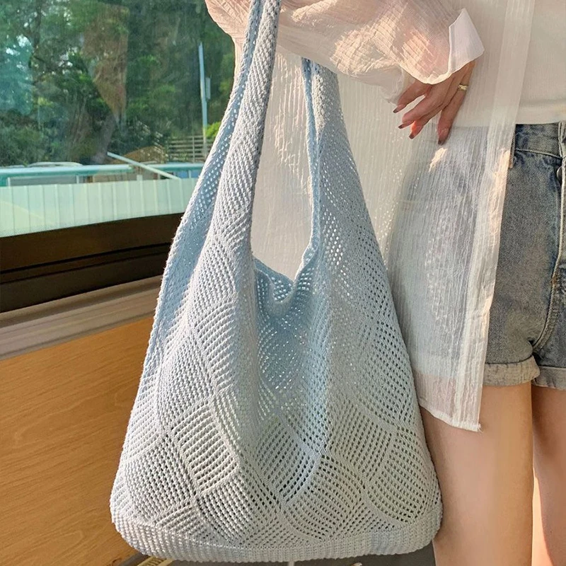 Neue Trend frauen Tasche Häkeln Handtasche Retro Gestrickte Einfarbig Hohl Top-griff Einkaufstasche Reise Shopper Schulter tasche – Detail 18