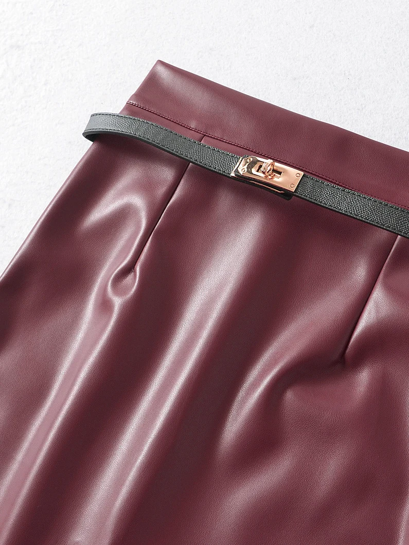 섹시한 하이웨이스트 PU 가죽 스커트 벨트 포함 바디콘 슬림 여성용 순수한 매력 롱 스커트 일상 착용용
