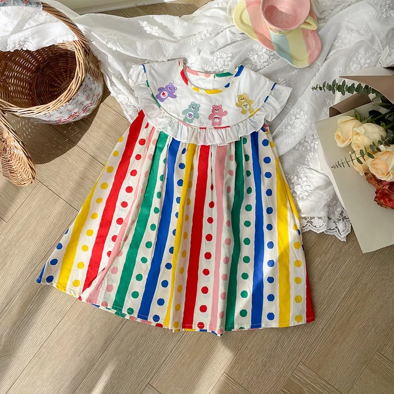 New Kid Girl Cute Sleeveless Dress White Ruffled Collar Bear Patterns Skirt Colorful Vertical Stripes Polka Dots Children Dress