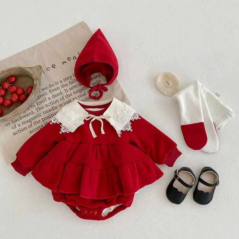 

Girl Winter Plush and Thickened Hundred Day Bag Fart Clothes Baby First Year's Birthday Sweater Dress Trendy New Year Clothing
