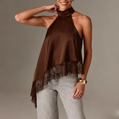 Imagen 2 del producto Top Corto Halter con Cuello Alto Estilo Y2K para Mujer, Top sin Mangas con Encaje Satinado y Dobladillo Asimétrico, Elegante para Salir de Fiesta