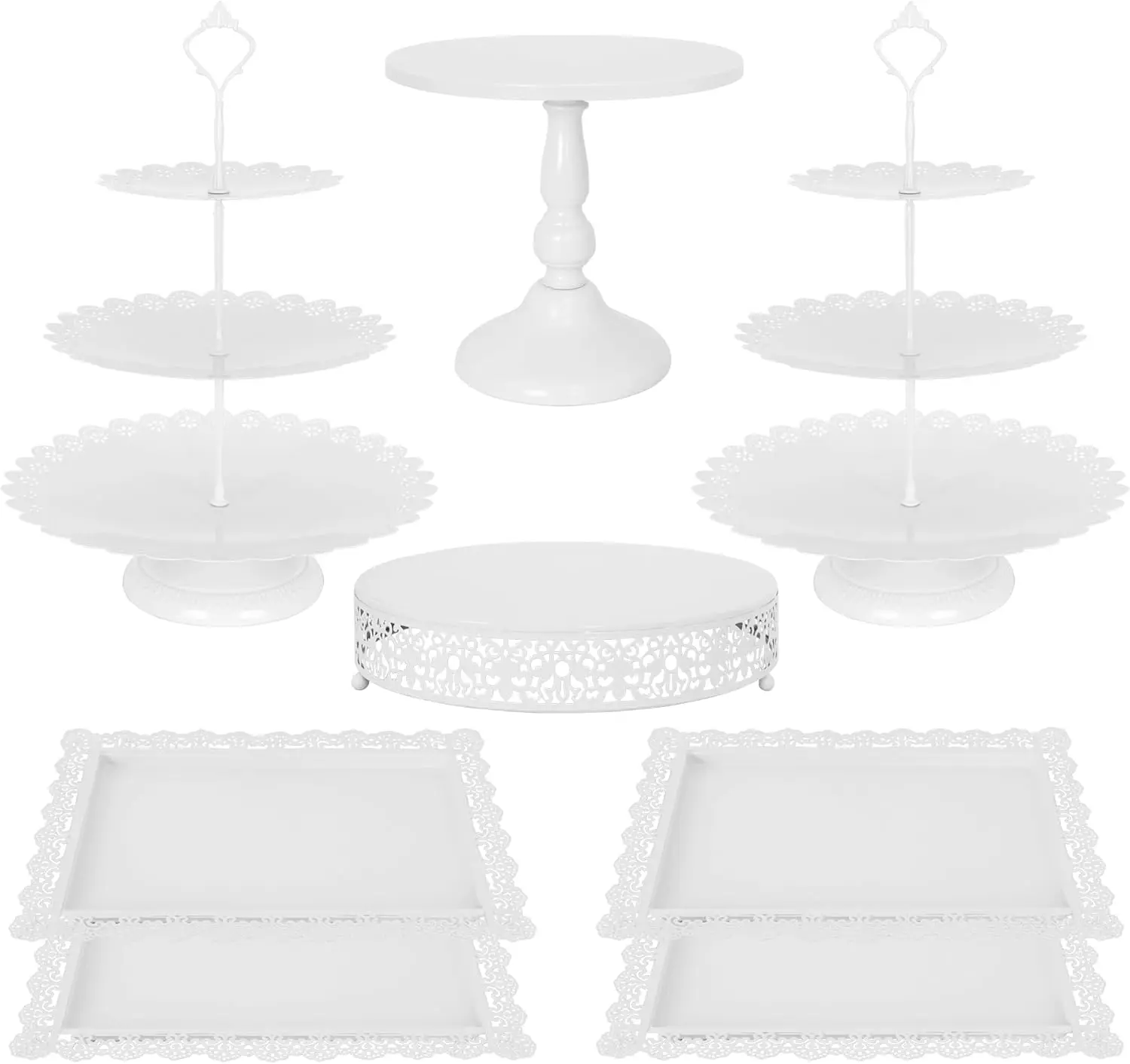 

8-Piece White Metal Dessert Display Set with 3-Tier Cupcake Stand, Cake Tower & Cookie Trays for Parties