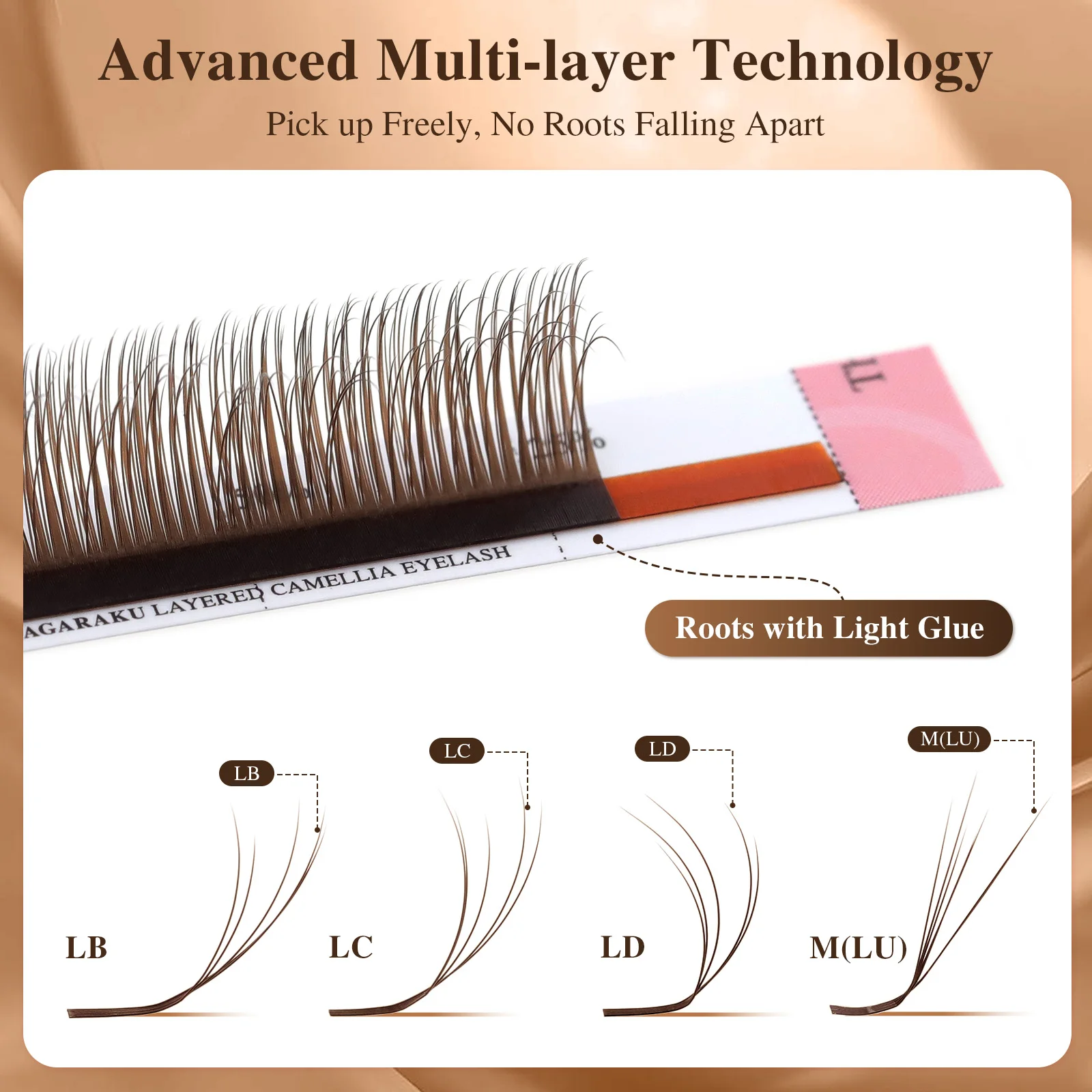 NAGARAKU Dunkelbraune geschichtete Kamelien-Wimpernverlängerungen, vorgefertigte Fächer, Wispy Volume, Fluffy LB LC LD M Volume Wimpernverlängerung – Detail 2