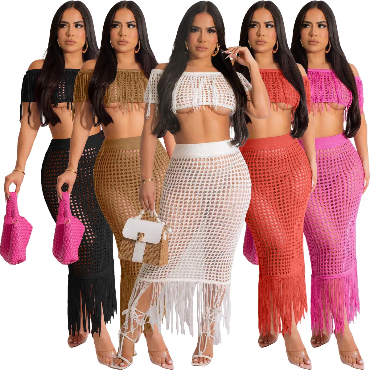 

HAOOHU new summer urban casual sexy see-through knitted hollow hand hook tassel beach vacation two-piece suit temptation hot