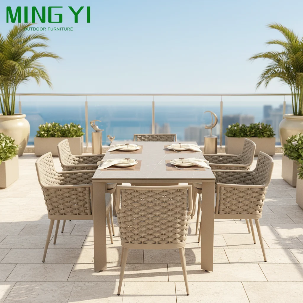 

Wholesale Patio Rope Hand Weaving Fabric Outdoor Waterproof Aluminum Rattan Garden Bistro Chair Sets White for the Restaurant