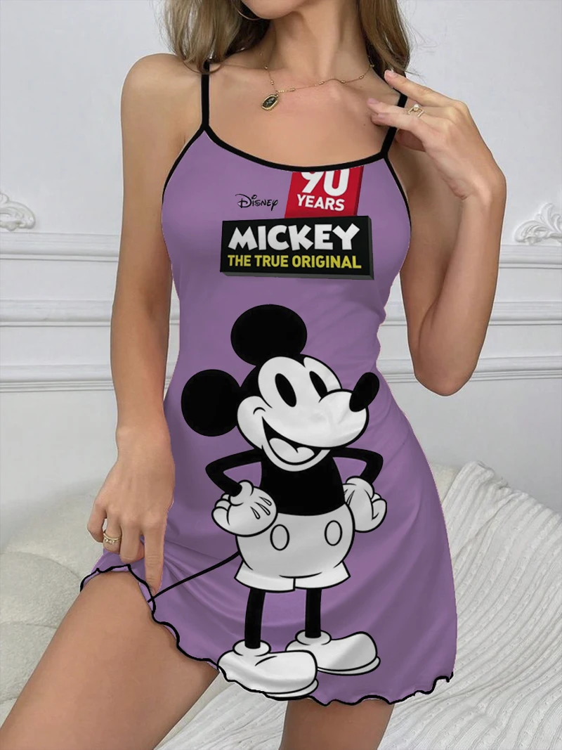 Seksowna sukienka Myszka Minnie Elegancka szykowna sukienka z dekoltem Disney Eleganckie sukienki dla kobiet Mickey Spódnica do piżamy Sałata Wykończenie Mini wykończenie