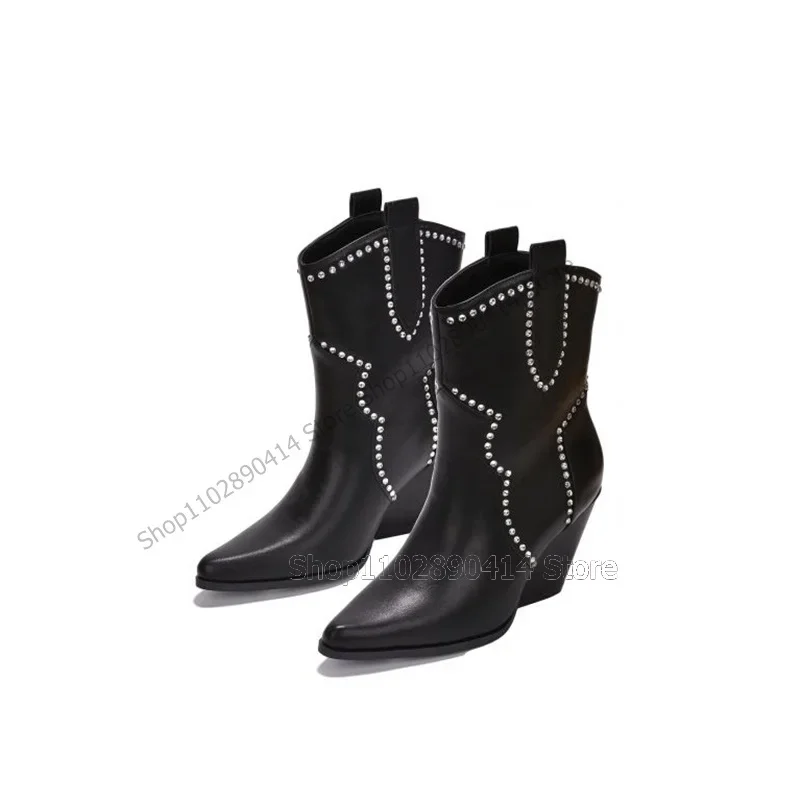 

White Black Crystal Decor Mid Calf Pointed Toe Boots Slip On Women Shoes Chunky Heels Fashion Banquet 2025 Zapatos Para Mujere