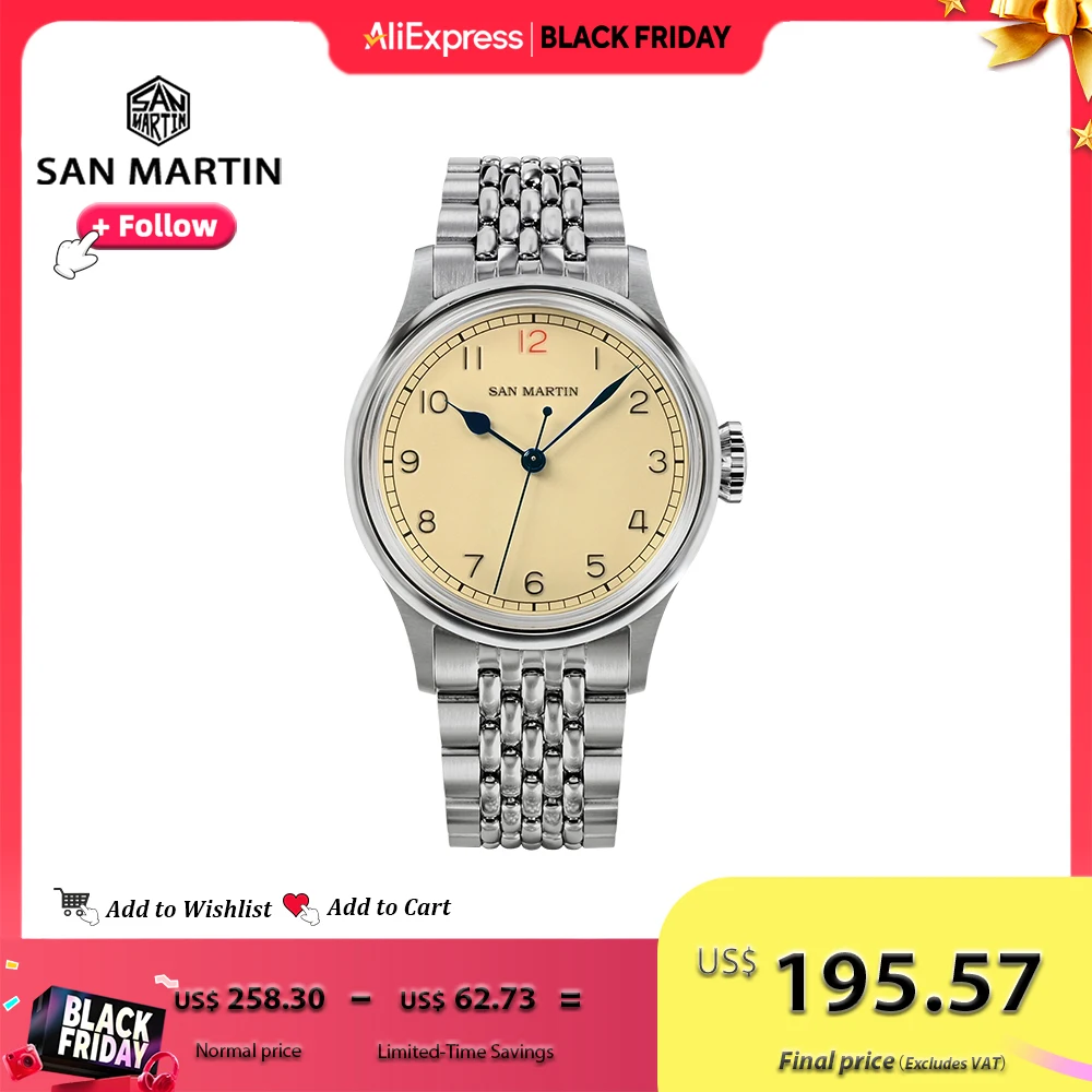 

San Martin 38,5 мм мужские часы винтажные пилотные из нержавеющей стали NH35 простые автоматические механические часы для мужчин с сапфировым стеклом 10 бар SN0105