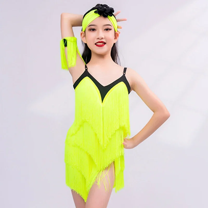 Kids Latin Dance Dress Girls Fluorescent Yellow Fringe Dress Professional Competition Clothes Cha Cha Dance Practice Wear V19374