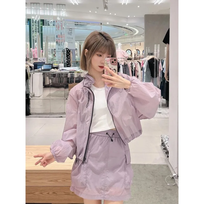 

New Summer Style Drawstring High-neck Short Sporty Coat and High-waisted Short Skirt Chubby Girls Fashion Simple Two-piece Set