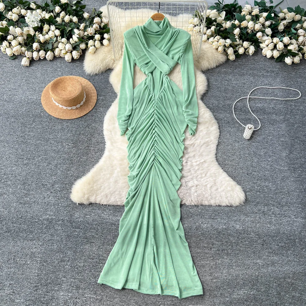 

Women Long Dress Dresses Slim Fit Vestidos Y2k Streetwear Turtlneck Full Sleeve Wrap Hip Elegant Party Night Work Autumn Winter