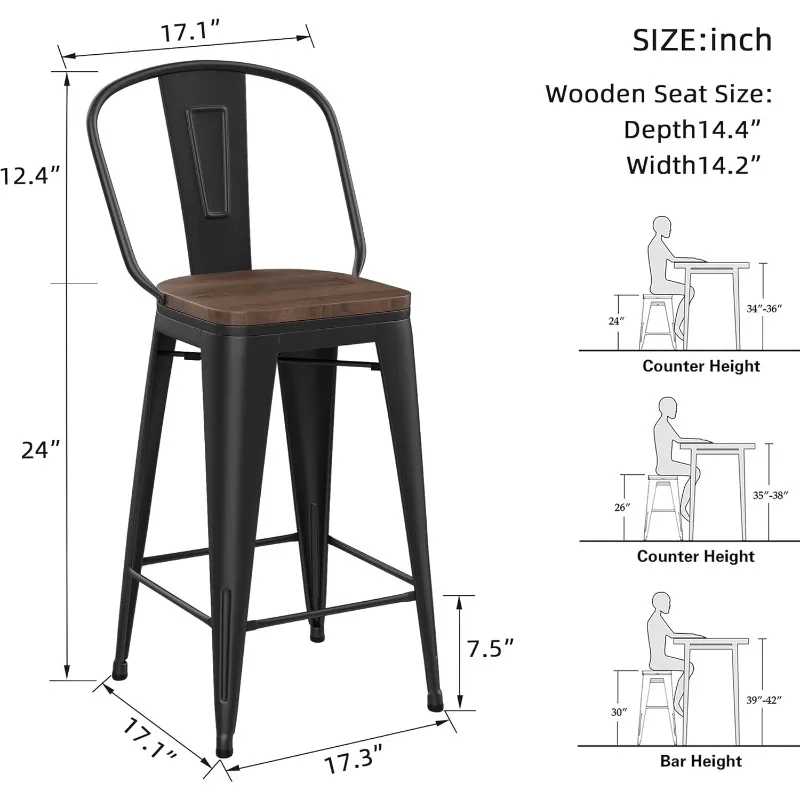 Barstools Set of 4 Counter Height for Kitchen Island Farmhouse Metal High Back Bar Chairs Wooden Seat 24" Matte Black