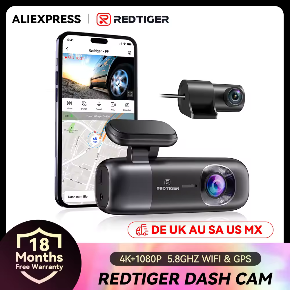 Câmera Veicular REDTIGER F9 4K com WiFi e GPS, Câmera Frontal e Traseira para Modo de Estacionamento e Visão Noturna, Controlada por Aplicativo