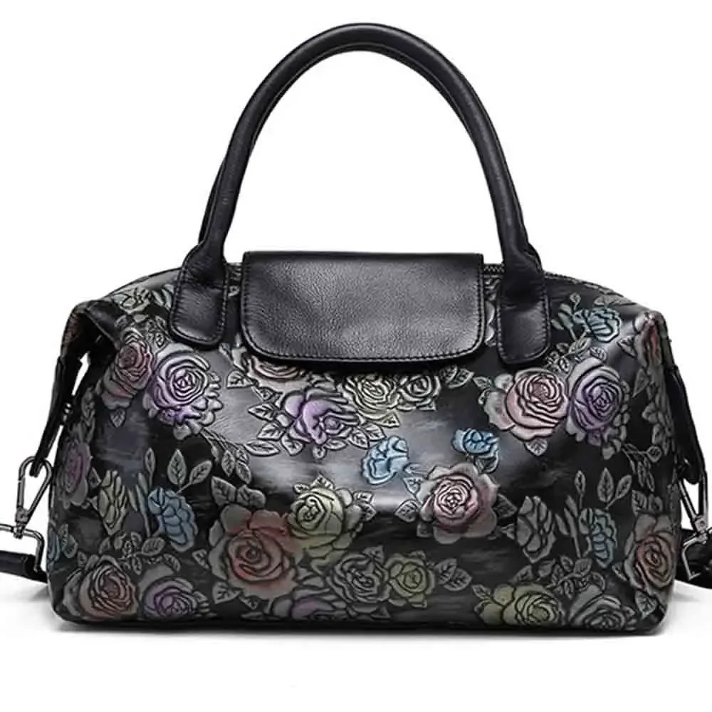 Motingsome High Quality Calfskin Casual Tote for Women Retro Flower Pattern Shoulder Handbag Vintage Ladies Genuine Leather Bag