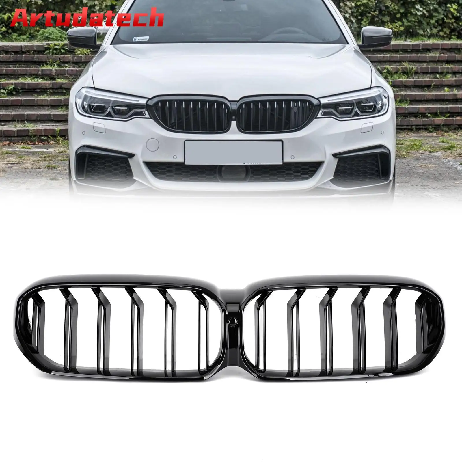 

Artudatech Double Gloss Black Front Grill Grille Fit for BMW 5-Series G30 G31 21-22 W/Camera