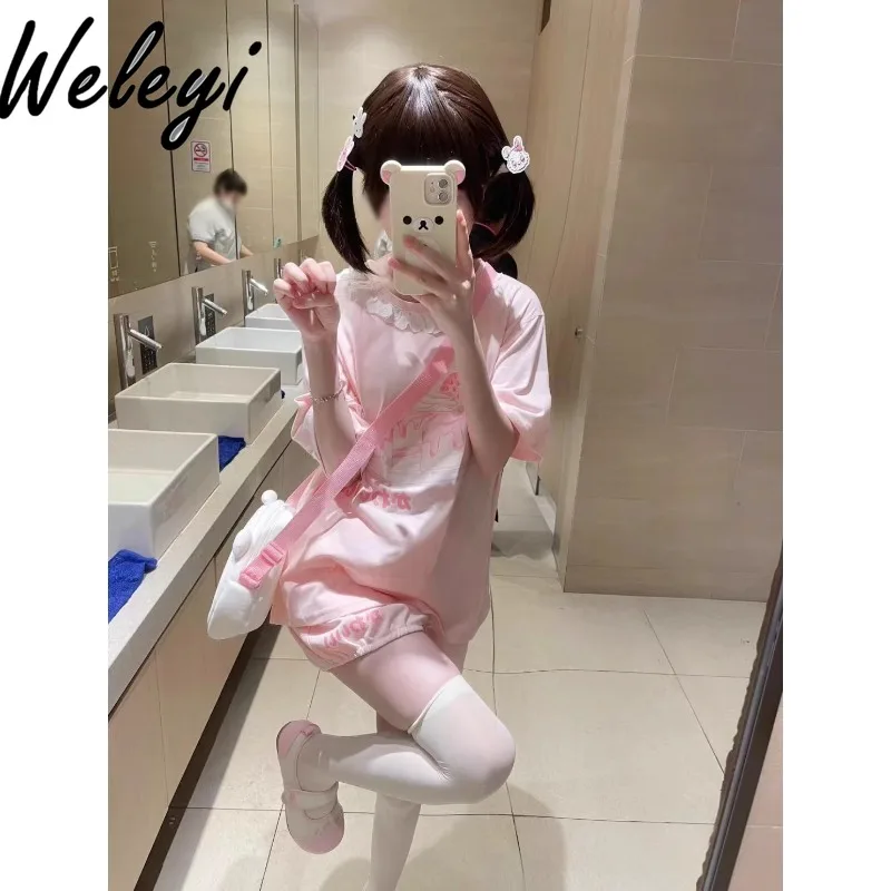 

Cute Light Pink T Shirts Bud Shaped Pants Japanese Ropa Mujer 2024 Summer New Sweet Versatile Lace Collar Short Sleeve Tops Suit