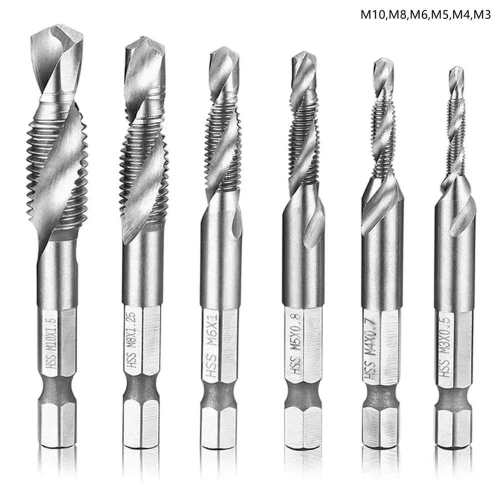 

6Pcs HSS4341 Combination Drill Bits 1/4 Hex for Wood Plastic Aluminum Alloy Self Tapping Drilling Tools Set M3-M10