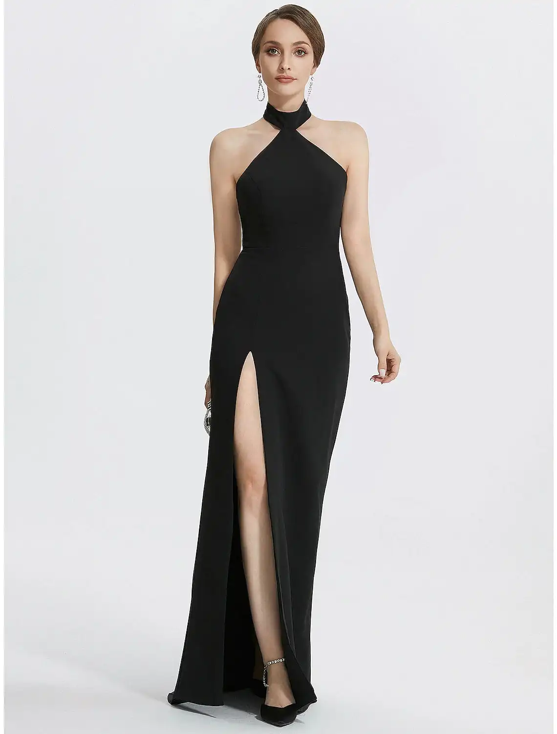 Sexy A-Line Satin Prom Gown Black Dress Floor Length Sleeveless Wedding Guest Halter Neck Evening Dress with Ruched vestidos de