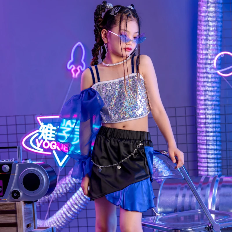 2024 New Jazz Modern Dance Costumes For Girls Blue Single Sleeved Sequins Outfits Children Hip Hop Dance Stage Clothes DQL9134