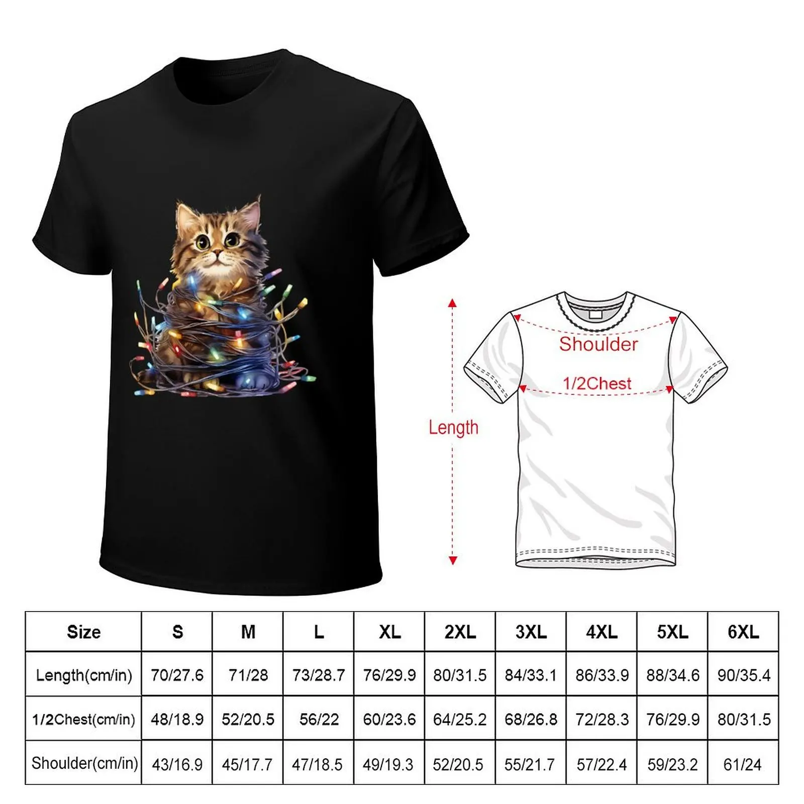 Funny Cat Wrapped in Christmas Lights Kitten Xmas T-Shirt All Weather Casual Short Sleeve