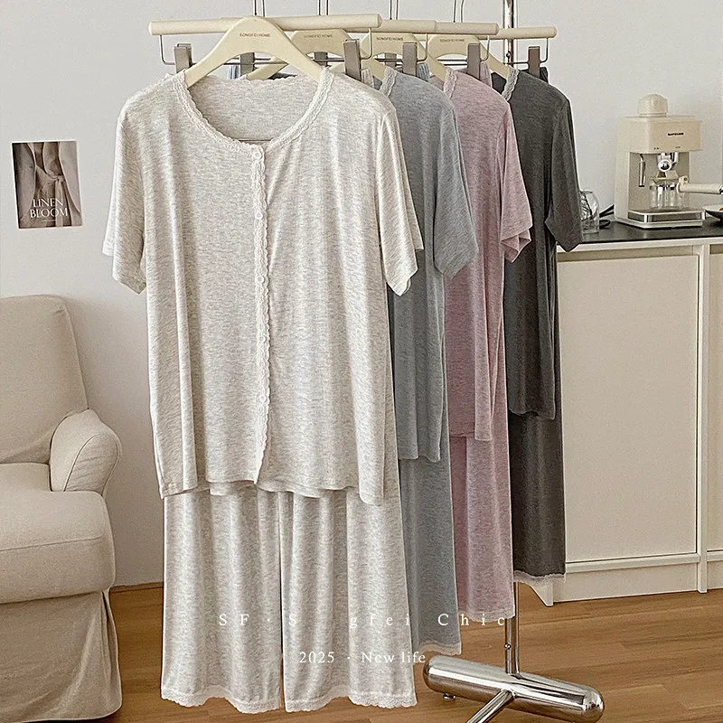

Korean Elegant Pajamas For Women New Buttons Short Sleeve Pant Set Modal Spring Summer Home Clothing Lounge Pyjamas Femme Suit