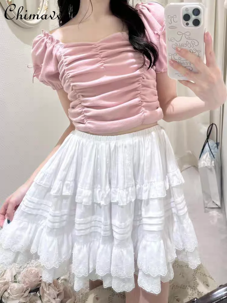 French Sweet Girls Layer Cake Skirt for Women New 2024 Summer Pure Cotton Micro-puff Ballet Style Above Knee White Skirts