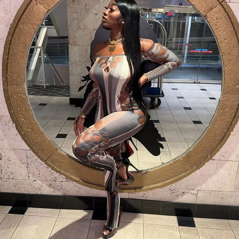 Mesh Stripe Women Jumpsuits Hipster Sexy Thin See Through Off Shoulder Hollow Sheath Overalls Female Attractive One Piece