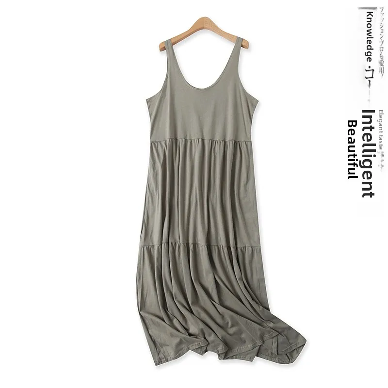 Summer New Women's Vest Long Skirt High Waist round Neck Overhead Cake Skirt Versatile Age Reduction Slimming  Color Dress