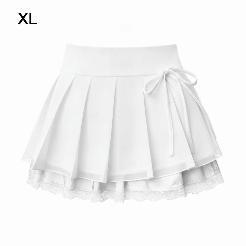 Lace Paneling Pleated A-Line Skirt Built-in Shorts Plaid Mesh Stitching Lace Trim Skirt Side Slit Polyester Lining