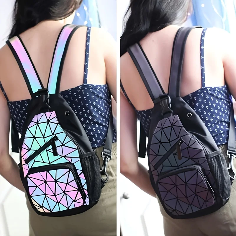 Geometric Luminous Backpack, Holographic Reflective Bag, Women\'s Large Capacity Crossbody Bag