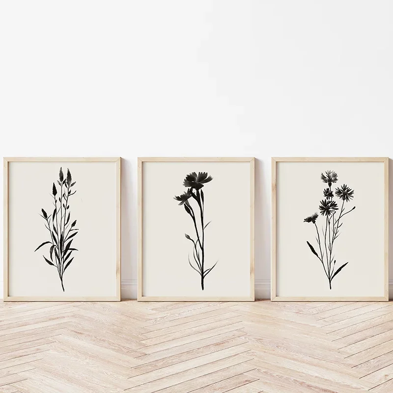 Large-sized frameless 3pcs  3PCS Wildflower Watercolour Botanical Poster Neutral Beige Gallery Wall Art Farmhouse Wall Decor