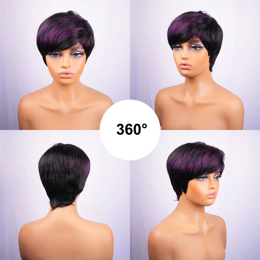 Parrucche per capelli umani corti lisci viola Parrucca taglio pixie con frangia a strati per le donne Berretto fatto a macchina per capelli bazili Evidenzia viola