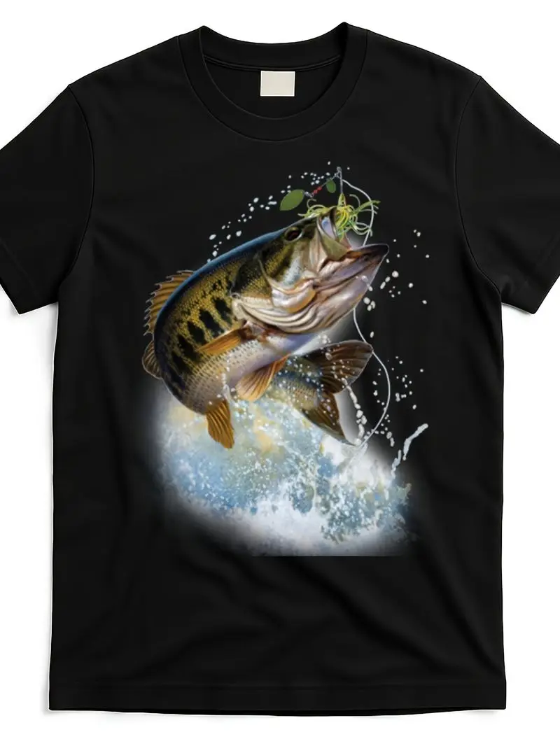 Men's & Women's Heavyweight 220 Gsm Polyester Fishing Graphic T-Shirt Black Bass Fish Jumping With Hook & Line Print All-Season