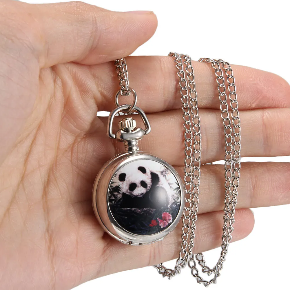 لطيف Panda Petal الموضة صغيرة الحجم الكوارتز الجيب ساعة الصين على طراز هدايا على مدار الساعة حاضرة لطيفة لطيفة القط الساعات الفضية