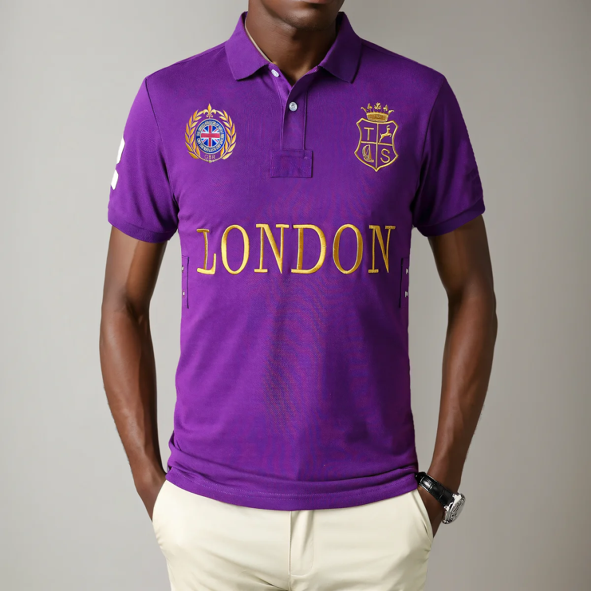 Men's High-Quality Cotton Polo Shirt PURPLE Cotton Embroidered 'LONDON' Symbol Leisure Sport New Year's Gift for Men