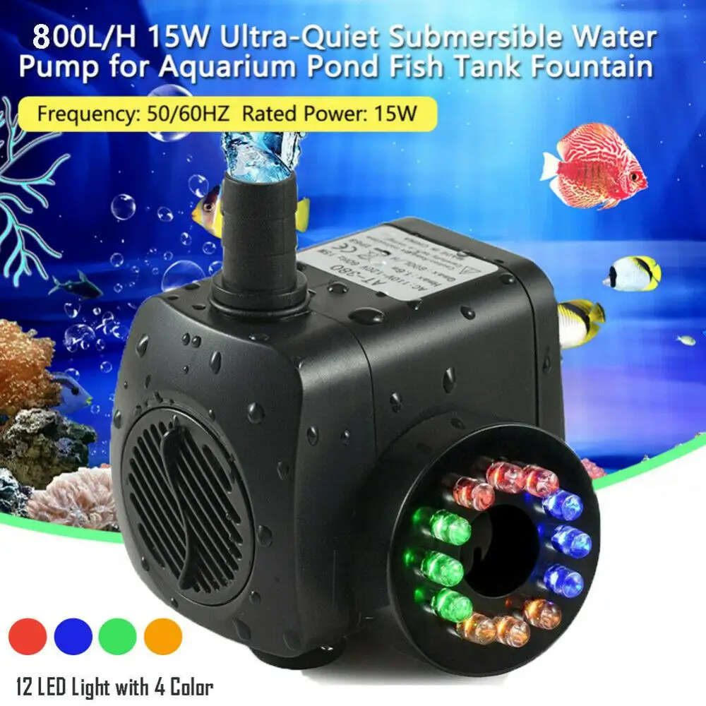 Water Pump 220V 15W Submersible With 12 LED lights 220-240V 800L/H For Aquarium Fish Tank Pond Fountain EU/UK/US Plug