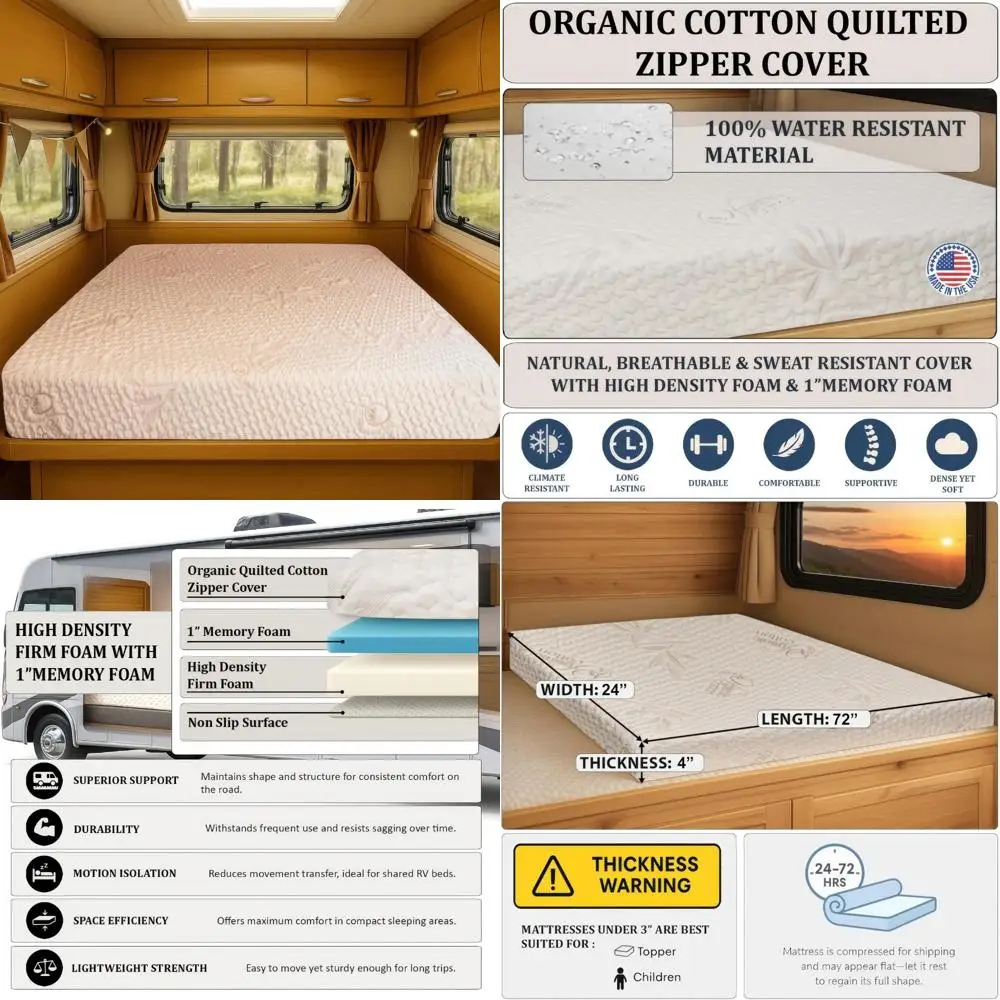 RV用ジェルメモリーフォームマットレス - 4 x 24 x 72、硬めの密度ベース、耐水性オーガニックコットンカバー、米国製