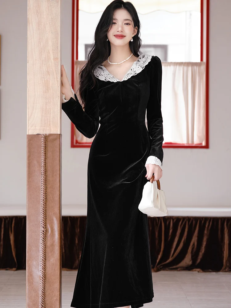 Czarna aksamitna sukienka patchworkowa z koronką, dekolt w serek, elegancka sukienka bodycon na jesień i zimę, sukienka festiwalowa 2025, koreańska sukienka vintage na imprezę.