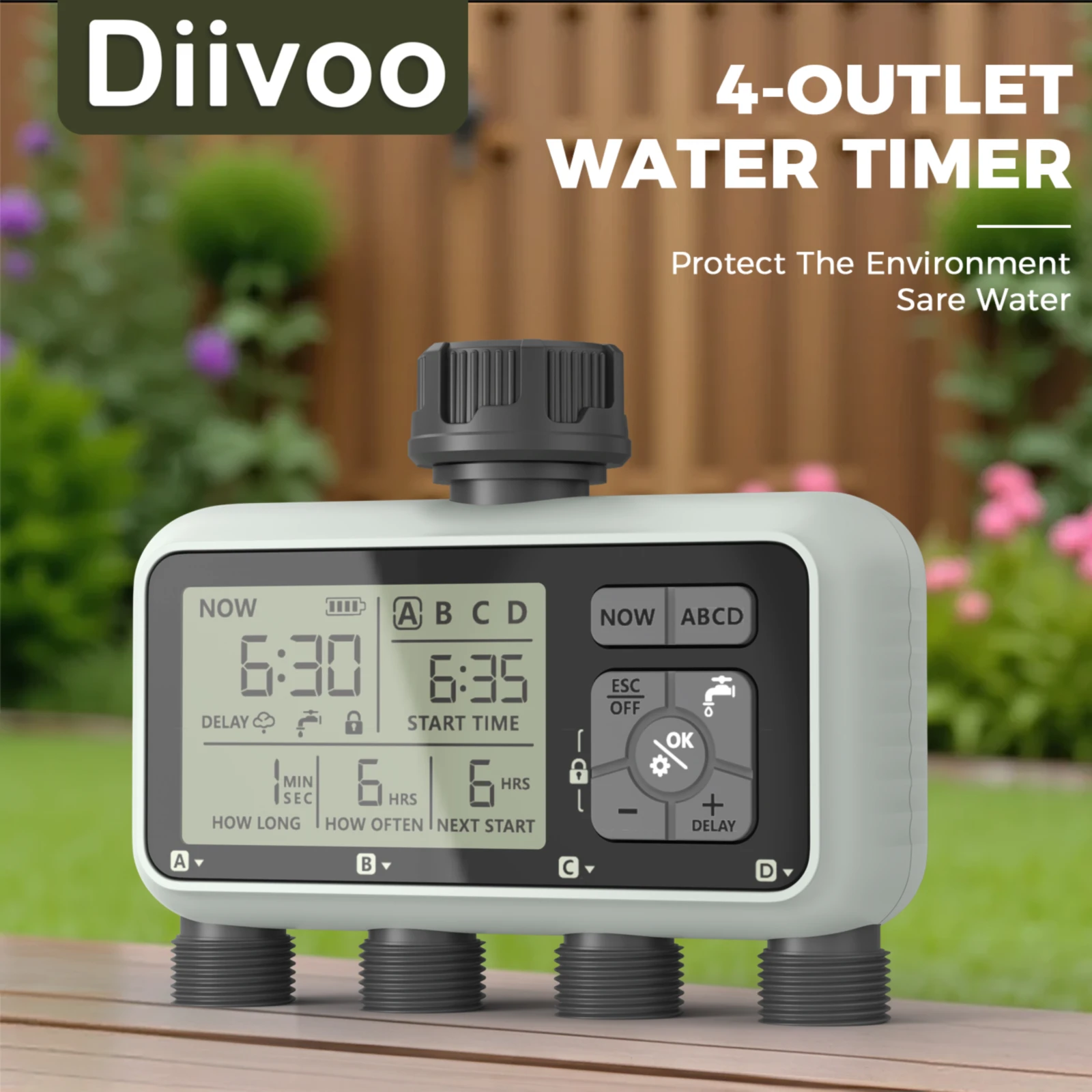 

Diivoo Garden Water Timer 4 Zone Programmable Automatic Irrigation Timer with Rain Delay Manual/Auto Mode Watering for Lawn Yard
