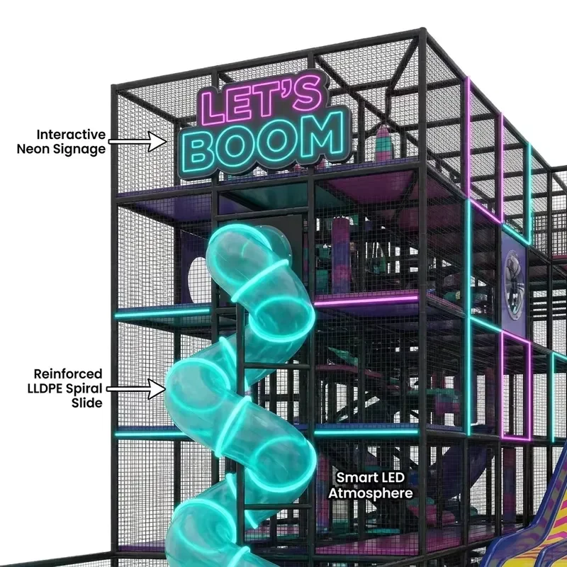 Grand Scale Cyber-Neon Theme Indoor Playground Equipment with Multi-Lane Wave Slides for Large Shopping Mall