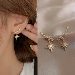 Temperament Shiny Gold Color Zircon Star Dangle Earrings for Women New Korean Fashion Charm Party Stud Jewelry Accessories Gift