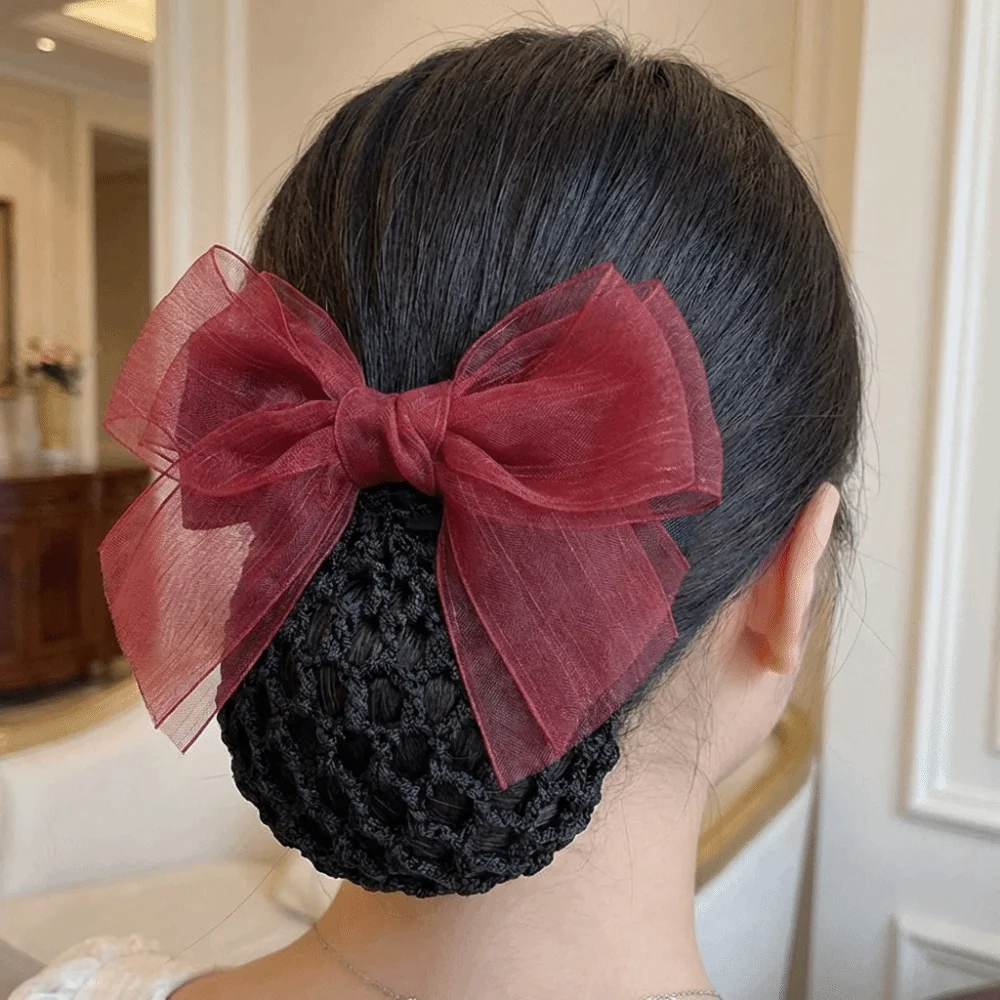Elegant Bowknot Net Bun Snood Convenient Vintage Women Spring Clips Satin Gauze Crochet Snood Hairgrips Professional Headdress