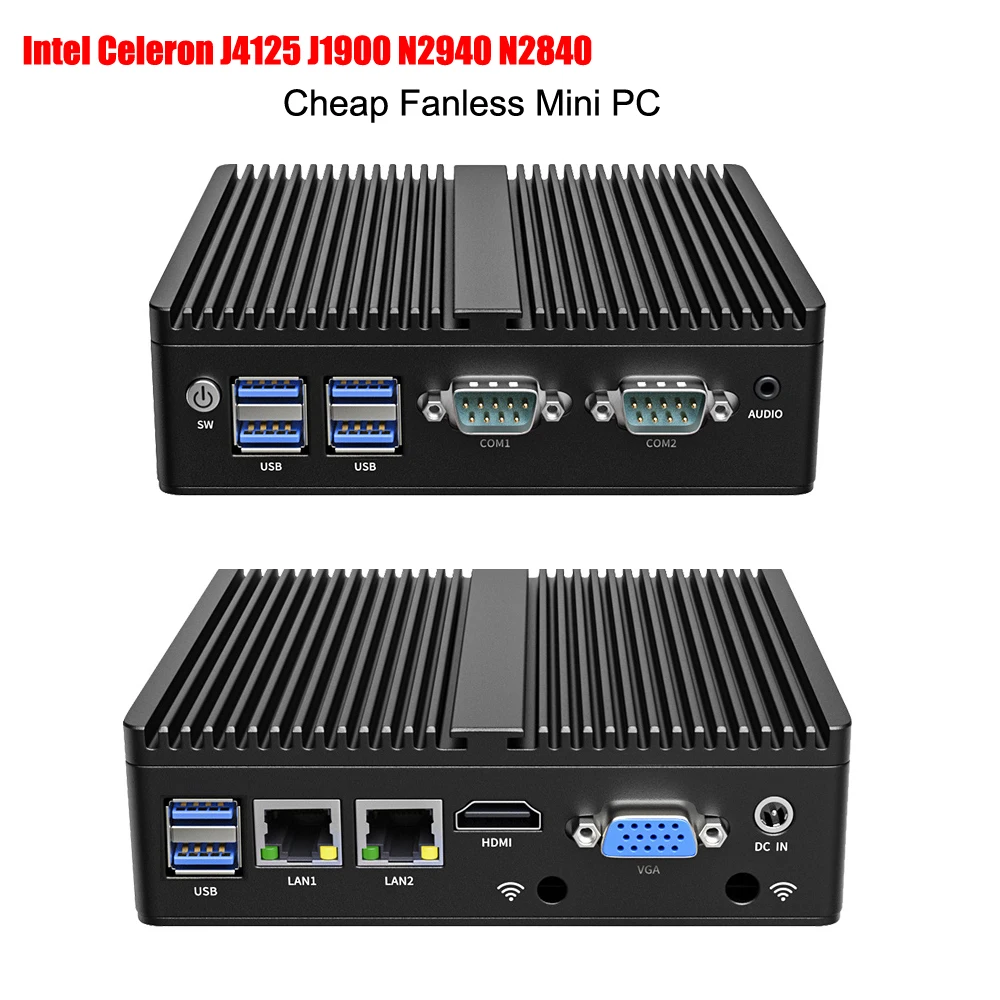 Fanless Industrial Mini PC J4125 J1900 N2840 N2940 Dual LAN RS232 RS485 Win10/11 Pro Linux Ubuntu WIFI Desktop Computer Home pc